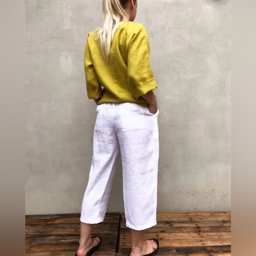 London Jean Women 12 The Marissa Fit 100% White Linen Crop Pants With Tie Waist